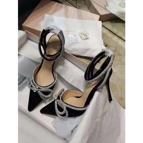 Womens Shoes Double Bow Crystal-embellished Silk Satin Pumps Black Wedding Sandals