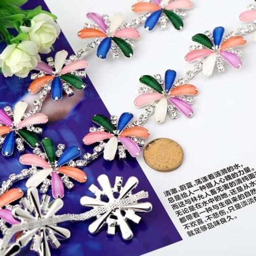Six leaf petal shape glass crystal Rhinestones chain DIY Wedding dress and Sew on clothing jewelry accessories 1yard