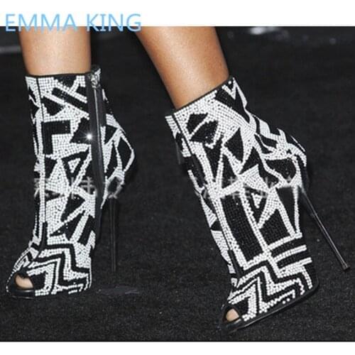 New Mixed Color Crystal Studs Women Summer Ankle Boots Peep Toe Sexy Ladies Gladiator Sandals Back Zipper Female High Heel Boots