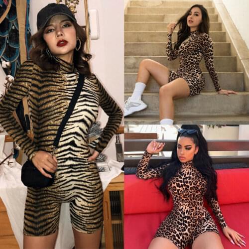 Sexy Women Ladies Long Sleeve Turtleneck Slim Fit Club Playsuits Skinny Leopard Tiger Print Stretch Leotard Hot