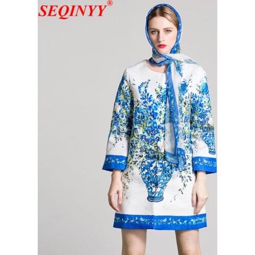 Elegant Long Jacket Blue Stunning Jacquard Beading Floral Print 2017 Autumn High End With Scarves Exquisite Women Ruwany Coat