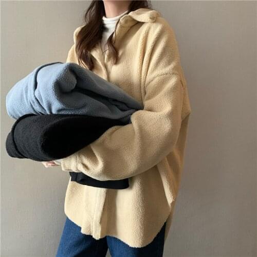 Zoki Winter Women Shirt Coat Plush Warm Soft Jacket Sweet Girls Pocket Loose Overcoats Casual Solid Faux Cashmere Korean Clothes