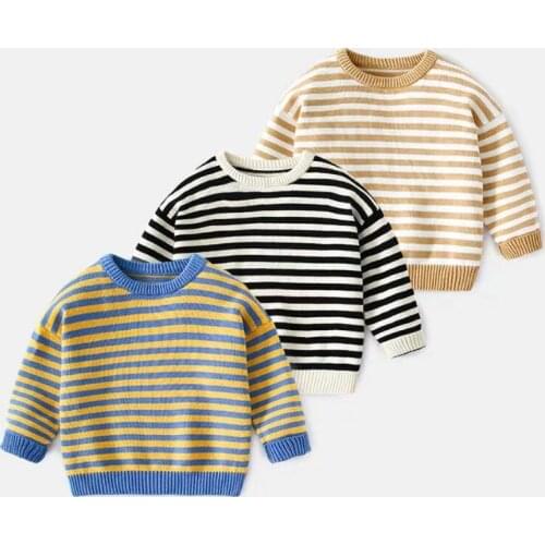 2020 New Autumn Winter Baby Boys Fashion O-neck Striped Warm Sweaters Kids Thicken Casual Spliced Long Sleeve Cotton Clothes M31