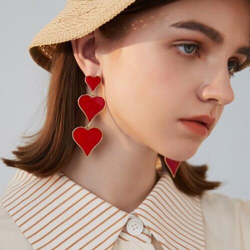 3pcs Red Epoxy Heart Earrings for Women Hiphop Jewelry Enamel Long Heart Earring Pendant Female Bijoux 2020