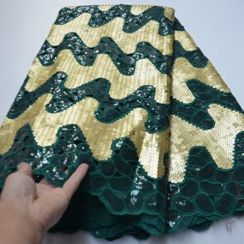 5yards/pc) high quality green and gold African hand cut organza lace fabric with allover sequins embroidery for dress OP47
