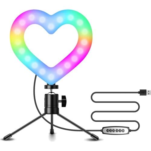 6 Inch Video Light Heart-Shaped LED Fill Light 3000K-6000K USB Flexible Ballhead Adapter Desktop Tripod for Live Streaming Video