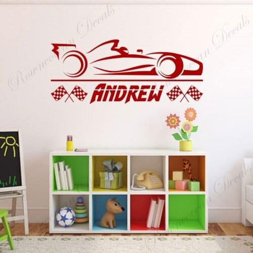Race Car With Personalized Name Custom Vinyl Wall Decal Home Decor For Boys Room Playroom Nursery Wall Sticker Wallpaper A822