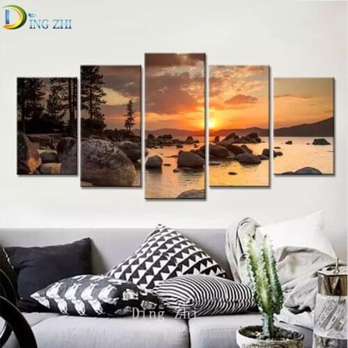 5 Panels Sea Sunset Rocks 5D Diamond Paintings Landscape Wall Art Pictures DIY Embroidery Mosaic Rhinestone Square Round Decor