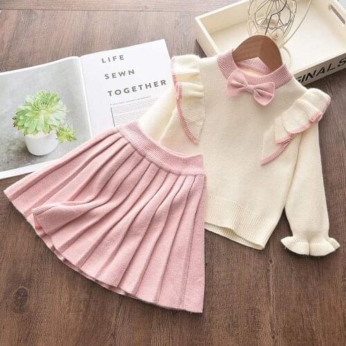 Girls Clothes Set Preppy Style Autumn Kids Sweater And Skirts Outfits 2pcs Cute Children Bow Winter Warm Suit For Girl