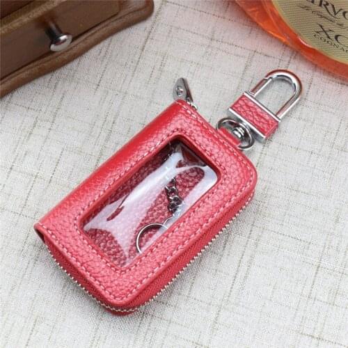Leather Zipper Square Home Car Key Holder Case Transparent Window Key Bag Wallet Key Chain Women Home Organizer