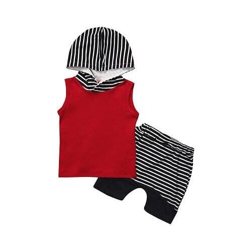 Summer Baby Boy Sleeveless T-shirt Vest Hooded Top + Striped Pants 2pcs Outfit Toddler Hooded Clothes