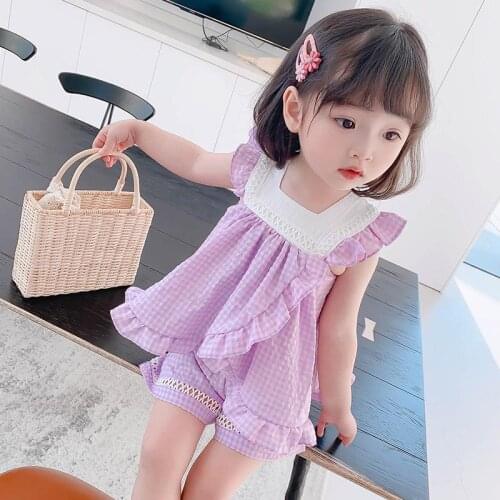 Baby Girl Summer Clothes Short Sleeved lattice Suit Children Fashion Flying Sleeve Top + Loose lattice Shorts