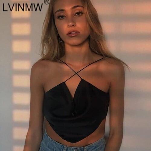LVINMW Sexy Backless Sleeveless Cross Lace Up Navel Crop Top Woman Slim Satin Soft Smooth Stylish Solid Camis Tops Club Party