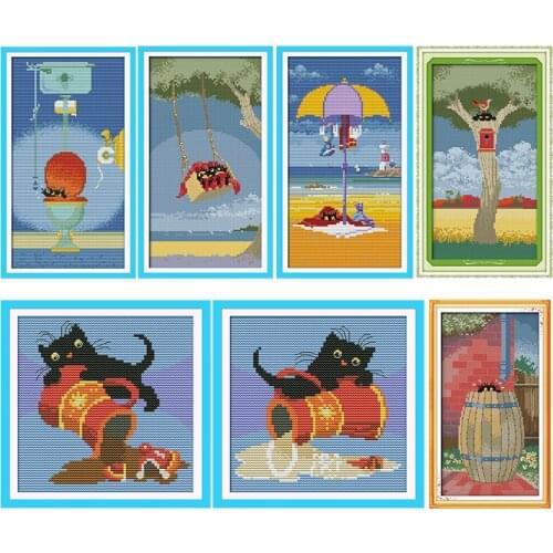 Black Cat Joy Sunday Stamped Cross Stitch Kit Patterns Printed 14CT 11CT Print Counted Handmade Embroidery Needlework Home Decor