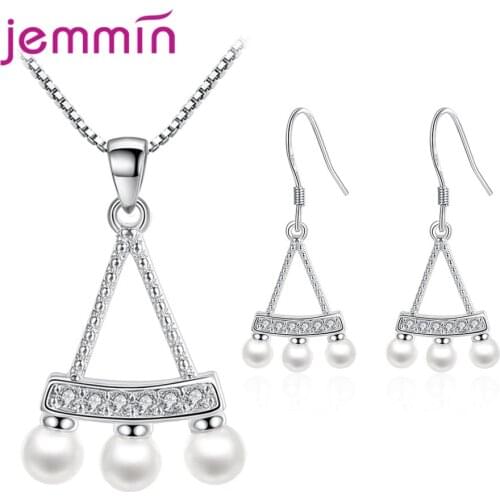 New Arrival 925 Sterling Silver Pearls Necklace Earrings Jewelry Set For Women Engagement Trendy Style CZ Crystal