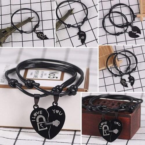 New Couple Bracelets for Women and Men Heart Black Stainless Steel Key Lock Two Halves Paired Bracelet Fashion Jewelry, 2PCs/set