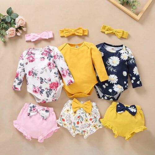 New Baby Girls Clothes Sets 3pcs Floral Romper+Shorts Headband Lovely Spring Outfits Set