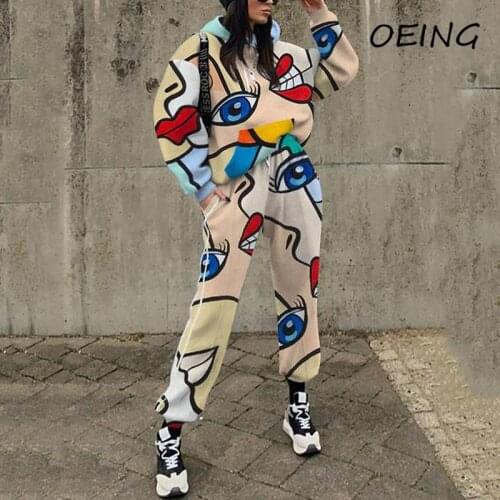 Autumn Women Sport Suits 2 Two Piece Sets Outfits Print Fashion Streetwear Hoodie and Pants Loose Jogging Suits