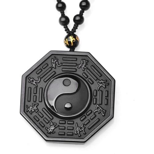 Black Obsidian Necklace Chinese Ying Yang Eight Diagrams Amulet Pendant Jewelry