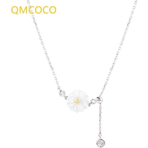 QMCOCO 925 Silver Hip-Hop Vintage Small Wrinkle Chrysanthemum Flower Pendant Necklace For Women Charm Neck Ornaments