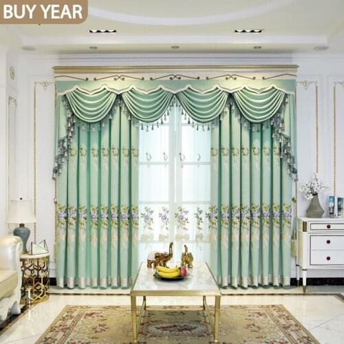 European Style Curtains for Living Dining Room Bedroom Luxury Embroidered Blue Green Embroidered Valance Curtains Tulle