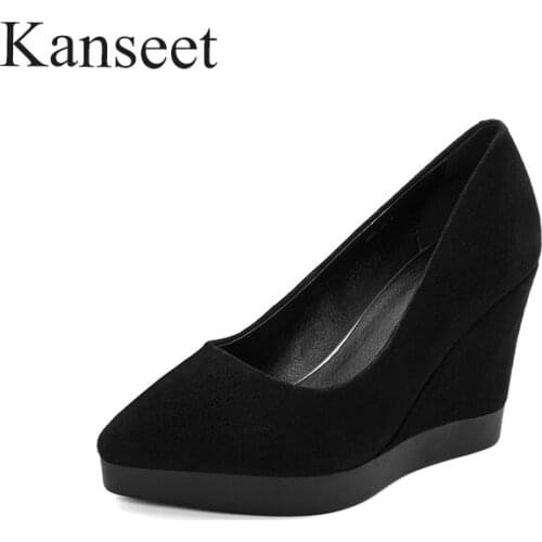 Kanseet Wedges Platform Shoes 2021 Women Pumps Pointed Toe Genuine Leather Spring Autumn High Heels Working Black Female Shoes
