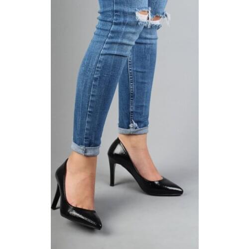 Modabuymus Black Japanned Leather Stiletto Heels Women Shoelaces-Anger