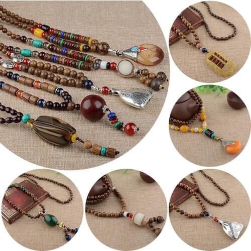 Vintage Wood Beads Necklaces Women Man Natural Stone Pendant Long Sweater Jewelry Necklace