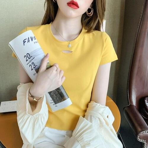 Spring And Summer New Style Pure Cotton Fashion Korean Version Of Pure Color Small Split Elegant O-Neck T-Shirt Top Women