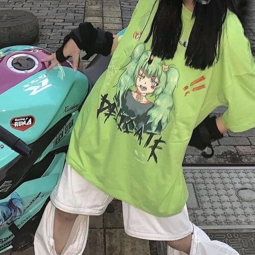 Short-sleeved female ins Harajuku bf wind dark retro anime printed loose T-shirt student couple top