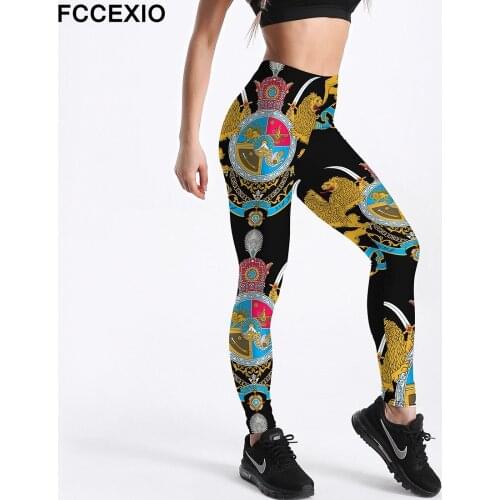FCCEXIO Women Leggings High Waist Fitness Legging Yellow Tiger Totem Nation Print Leggins Female Pants Workout Legging Slim