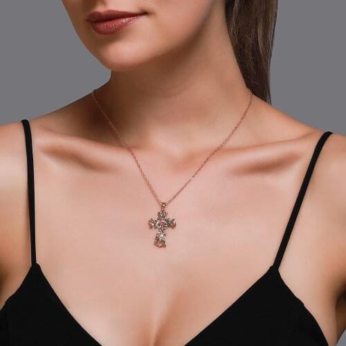 Cross Leaf Flower Carving Simple Geometry Rhinestone Pendant Rose Gold Silver Plated Alloy Copper Choker Necklace for Women