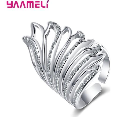 Hip Hop Women Men Finger Ring Exquisite 925 Sterling Silver Austria Crystal Angel Wing Statement Jewelry Opening Adjustable Size