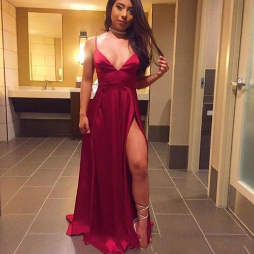 An052 2020 Best Selling Sexy A-Line High Slit Length Evening Dress Elegant V-Neck Party Dress Spaghetti Strap Formal Gown