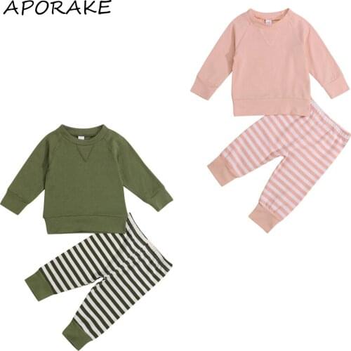 2021 0-24M Infant Baby Clothing Autumn Boys Girls Casual Solid Color Long Sleeve Tops Sweatshirt+Stripe Long Pants Outfits 2pcs
