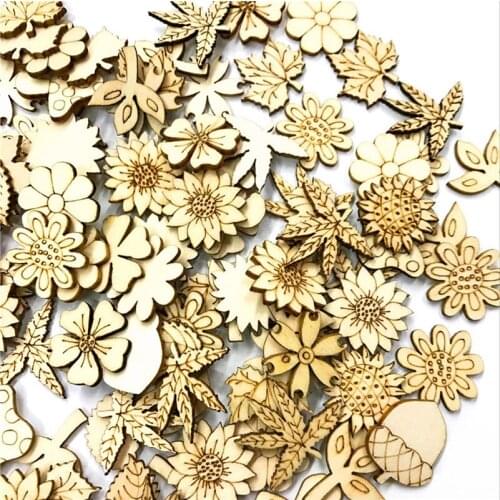 300PCS 20MM Mix Plant Flower Grass Shape Natural Wooden for Handmade DIY Crafts Wood Ornament Scrapbooking Home Decoration