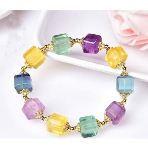 Top Natural Colorful Fluorite Quartz Bracelet Clear Cube Rectangle Beads 10x10mm Rare Women Men Jewelry Love AAAAA