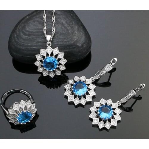 Silver 925 Jewelry Sets Sky Blue Stones White Crystal Drop Earrings Ring Necklace Pendant Set For Women Engagement Decoration