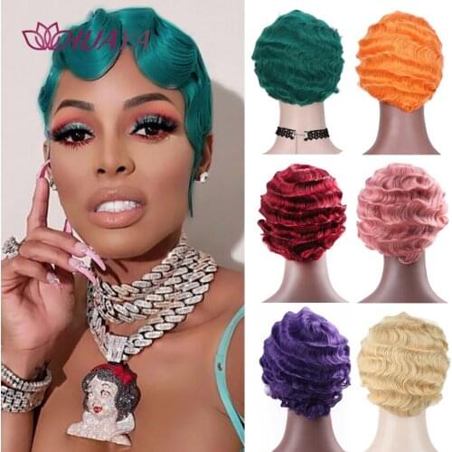 HUAYA Short Kinky Curly Synthetic Wigs For Black Women African American Finger Wave Daily False Hair Green Pink Golden Wig