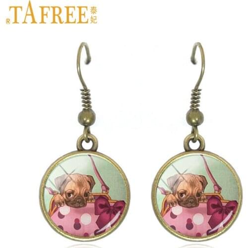 TAFREE 2017 Colorful Dog Drop Earrings Pug photo animal pendant round glass for women men gift animal New fashion jewelry A138
