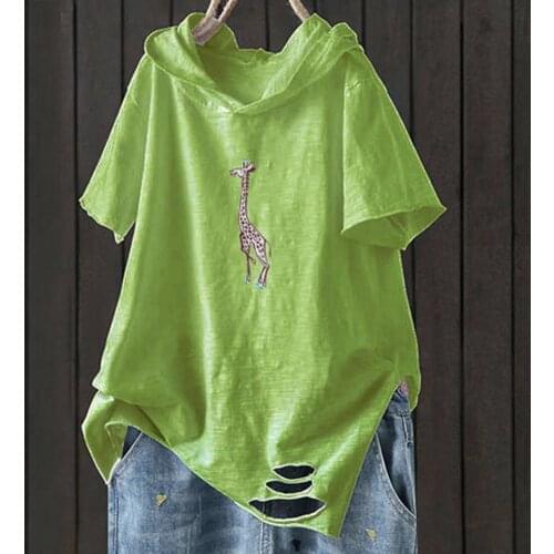 Summer Women oversized T-shirt Hooded Short Sleeve Ripped Hole Giraffe Loose Hoodie T-Shirts women fashionable T-shirt топ