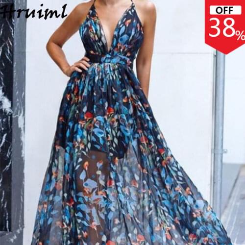 Fashion Floral Print Spaghetti Strap Long Dress Sexy V-Neck Halter Criss-Cross Strappy Party Dress Womens Dress Vestidos