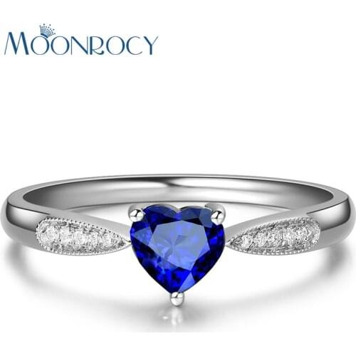 MOONROCY Silver Color Cubic Zirconia Heart Blue CZ Crystal Wedding Ring for Women Girls Gift Drop Shipping Jewelry Wholesale