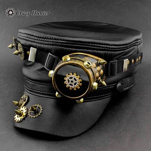 Mens Steampunk Gear Goggle Black Hat Vintage Real Leather Cap