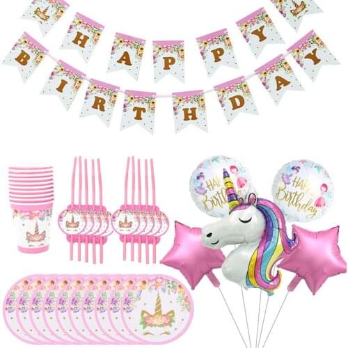 New unicorn theme set birthday party decoration disposable plate cup balloon banner girl unicorn decoration baby shower