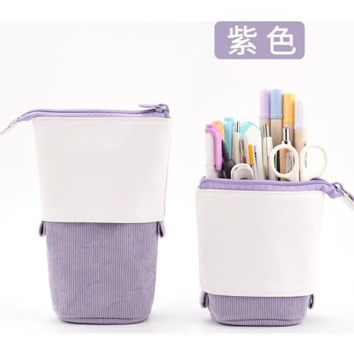 PU Pencil Holder Solid Color Stand Up Pen Bag Stationery Marker Pouch School Supplies Corduroy Organizer Case Gift for Girls Boy