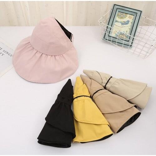 Solid Color Wide Brim Sun Protection Empty Top Hat Collapsible Fashion Shading Breathable Empty Top Beach Hat Women Summer Cap