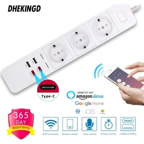 Wifi Smart Power Strip 2 Type-c 2 USB 3 AC Outlets EU Plug Charging Station Echo Alexa Google Home IFTTT Remote Voice Control