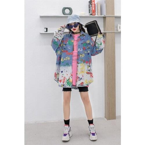 Womens Denim Womens Spring And Autumn Loose Denim Jacket Shirt Hong Kong Style Letter Figure Crow Gradient Denim Shirt Women