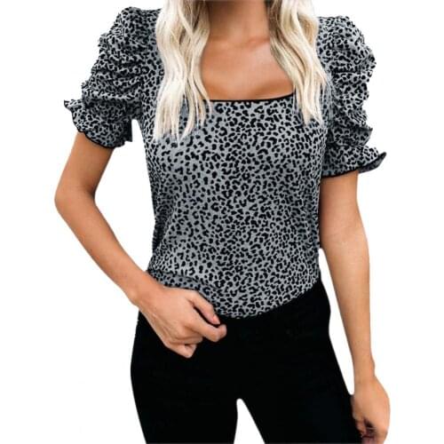 Women T-shirt Ruffled Leopard Summer Short Sleeve Loose Top for Dating t shirt women 2021 fashion Women Clothing Black xxl